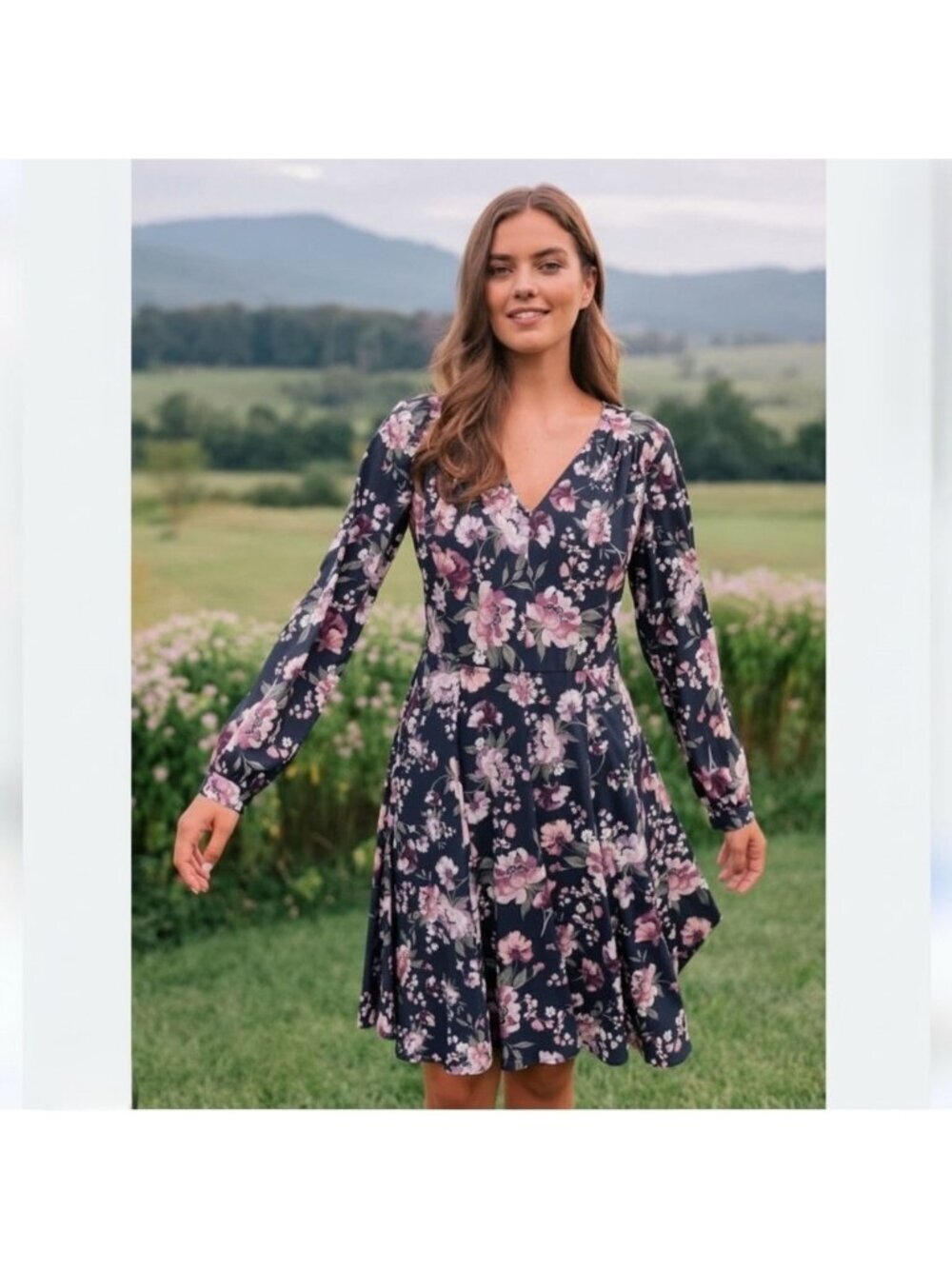 Gal Meets Glam Rosalind Navy Floral Fit & Flare Long Sleeve Dress Size 14